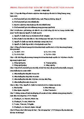 120 Câu trắc nghiệm Lịch sử 12 - Phòng trào dân tộc dân chủ ở Việt Nam (1919-1930)